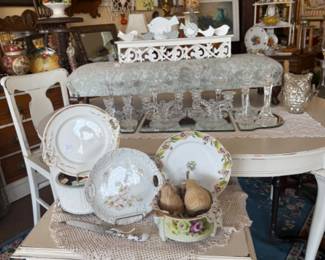 decorative plates, trays, end table, pretty, long, vintage fabric stool, white dining table