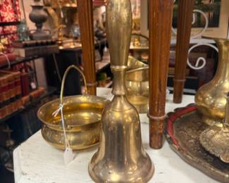 large beautiful brass bell, small brass container