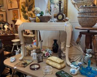 crystal lamps, vintage mixing bowls, antique stool