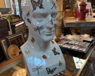 Large Head Phrenology with handpainted  Ceramic Butterflies and Insects 