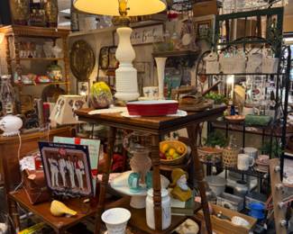 vintage wood end table, egg dish, tea cup and saucer, milk glass vase, art