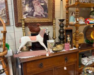 vintage lamps, furniture, candlesticks, framed art