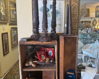 beautiful matched candlestick grouping, vinage tins, vintage toy, framed bird art, gold mirror