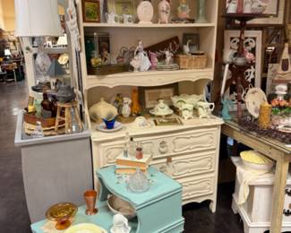 vintage aqua side table, vinage dresser with shelf, tea set, candlestick