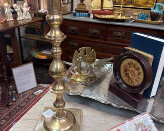 large brass candlestick, vintage floral book ends, vintage single sand dollar book end, large silver plate tray