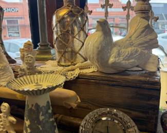bird, metal candlestick, vintage clock