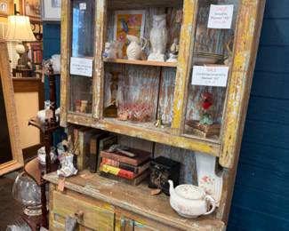 Owl figurine, vintage furniture, tea pot, framed art