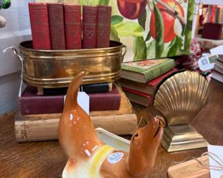 beautiful signed apple branch oil painting with lots of pretty detail, cute dog planter