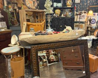 Mirror, large glass decorative bottle, wooden boat, decorative plate