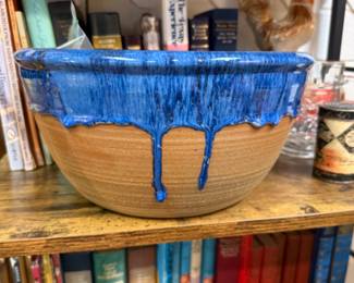beautiful large pottery bowl with blue drip glaze