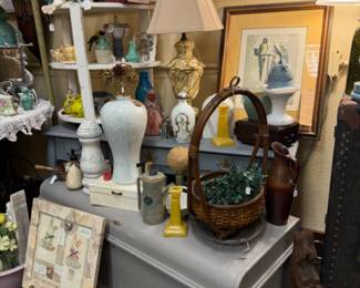 painted chest, basket, lamps, jewelry case, framed art