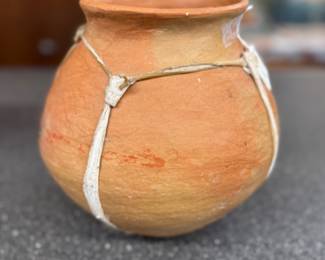 Vintage Tarahumara Indian rawhide and clay water pot 