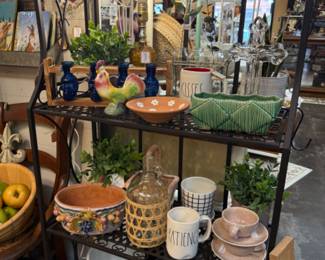 vintage planters, Rae Dunn, tea cup and saucers, fruit bowl, rooster figurine