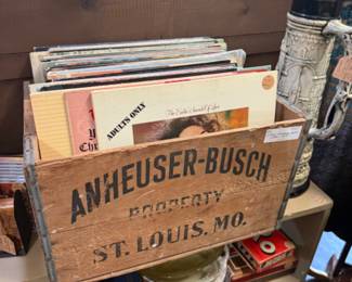 vintage Vinyl, collectible wooden box, beer steins