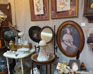 antique wash stand, vintage art, end table, vintage shoes