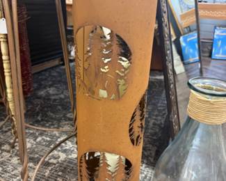 Decorative Metal Garden Pillar with cutouts of trees with candle inside 