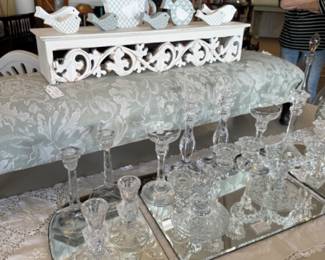 pretty wooden birds, glassware, vintage stool or foot rest