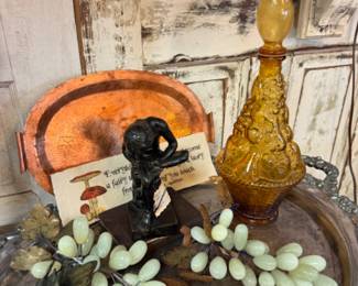 jadeite grapes, copper serving tray, decanter, silver tray