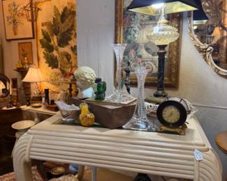 lamp, bud vases, clock