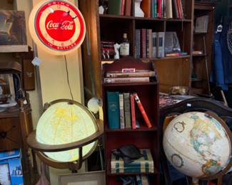 coca cola advertising clock, lighted beautiful globe stand, vintage books