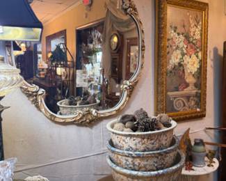 beautiful gold frame, mixing bowl set, wooden stool