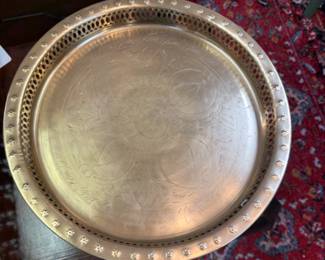 Vintage etched brass serving tray with an embossed pierced rim 