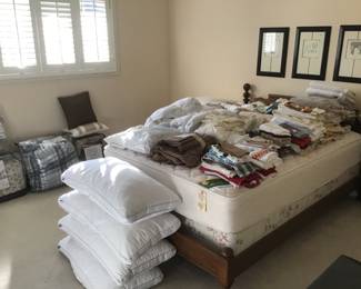 Full size bed, linens