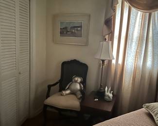 Chair, Lamp, Table, Art, Drapes