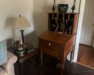 Antique slant-front secretary desk, hinged writing surface with hutch on top. In excellent condition. 
