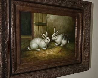 Framed Oil Painting of Two Rabbits