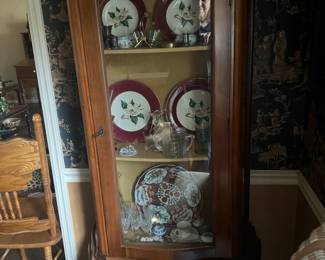 Curved Wood Corner China Cabinet w/ dishes