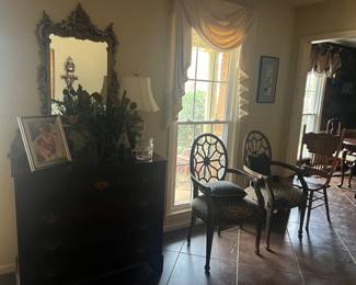 Chest of drawers, mirror, chairs, decor