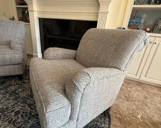 A Pair of Haverty's Cushion Back  blue and gray fabric with Wood legs, fabric is scotch guarded and chair barely used 3-5 years old BUY IT NOW $750 for the Pair 31" w x 44"d x 36"H