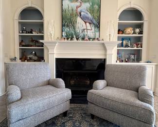 A Pair of Haverty's Cushion Back  blue and gray fabric with Wood legs, fabric is scotch guarded and chair barely used 3-5 years old BUY IT NOW $750 for the Pair 31" w x 44"d x 36"H