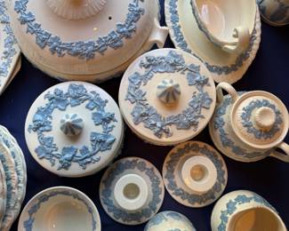 Large collection of Wedgewood Embossed Eturia Barlaston Queensware Covered dishes, gravy boat, candle sticks, Creamers and sugars, 3 sizes of serving platters, covered butter dish