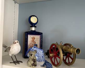 Carved Wood Birds, Murano glass fish, toy cannon, vintage empty Jim beam bottle