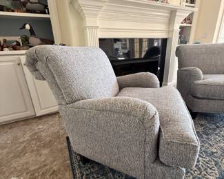 A Pair of Haverty's Cushion Back  blue and gray fabric with Wood legs, fabric is scotch guarded and chair barely used 3-5 years old BUY IT NOW $750 for the Pair 31" w x 44"d x 36"H