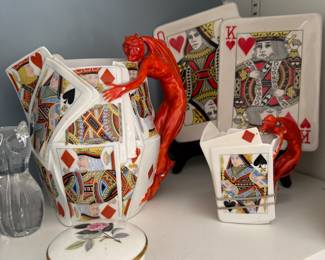 Royal Bayreuth Devil and Playing Cards Pitcher 7.5" and Cup