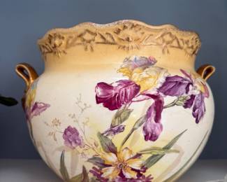  hand-painted porcelain or ceramic two-handled planter or pot, Royal Bonn has some inner cracks