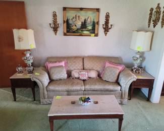 Capodimonte Lamps, Marble Top End Tables & Coffee Table