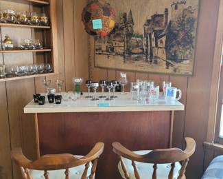 Vintage Bar w/ 2 Bar Stools, Vintage Swag Lamp