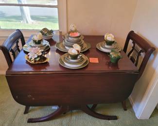 Duncan Phyfe Drop Leaf Dining Table w/ 6 Chairs, Triumph American Limoges - U.G. Forest Green China Set