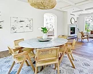 - Dining 60β round solid marble top w. silver key design base
- Retro boho chairs (5)