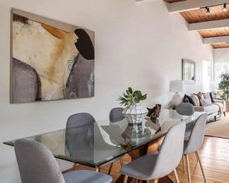 - wood base with 7β glass top dining table
- Gray mod dining chairs ( QTY 12)