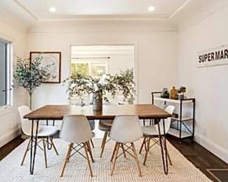 - Farm dining table
- White resin splayed wood leg dining chairs (4)