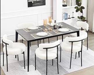 - Boucle modern dining chairs (qty 6)
- Dining table straight leg