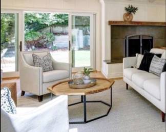 - PAIR OF LUXE linen chairs
- Coffee table rustic wood and bronze 38β diameter