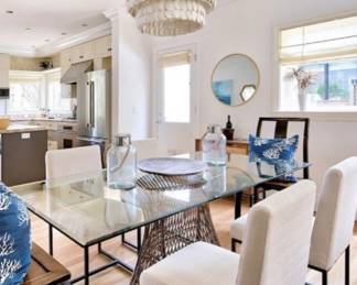 - Dining table
- Linen metal base chairs
- Antique chairs (2)