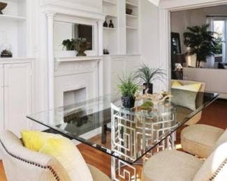 - Silver trellis dining table with glass top
-Mid century linen nail head dining chairs
-Options for round 38-40β diameter
-Options for rectangle as shown 6β