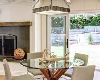 - dining Wood pedestal dining 38β round or 6β rectangular glass top
- Greige leather chrome square back luxe dining chairs